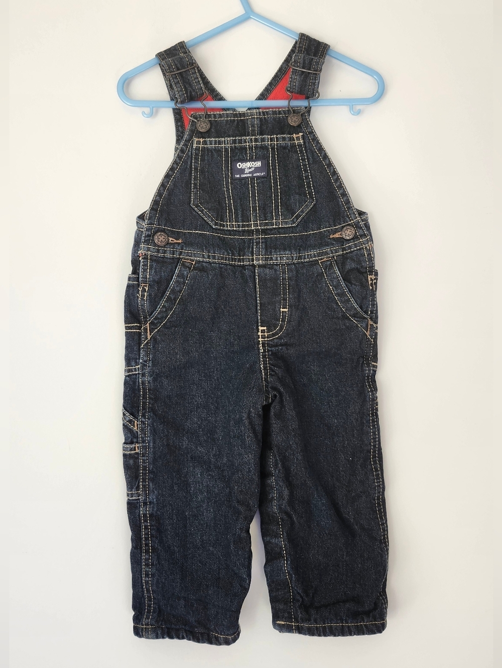 Oshkosh B'gosh Fleece Lined Navy Denim Overalls Red Blue 12M
